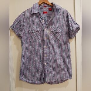 Izod Purple Plaid Casual Button Down Shirt